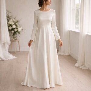 AW Bridal Ivory Satin Long Sleeve Wedding Dress Size 8 Minimalist Bridal